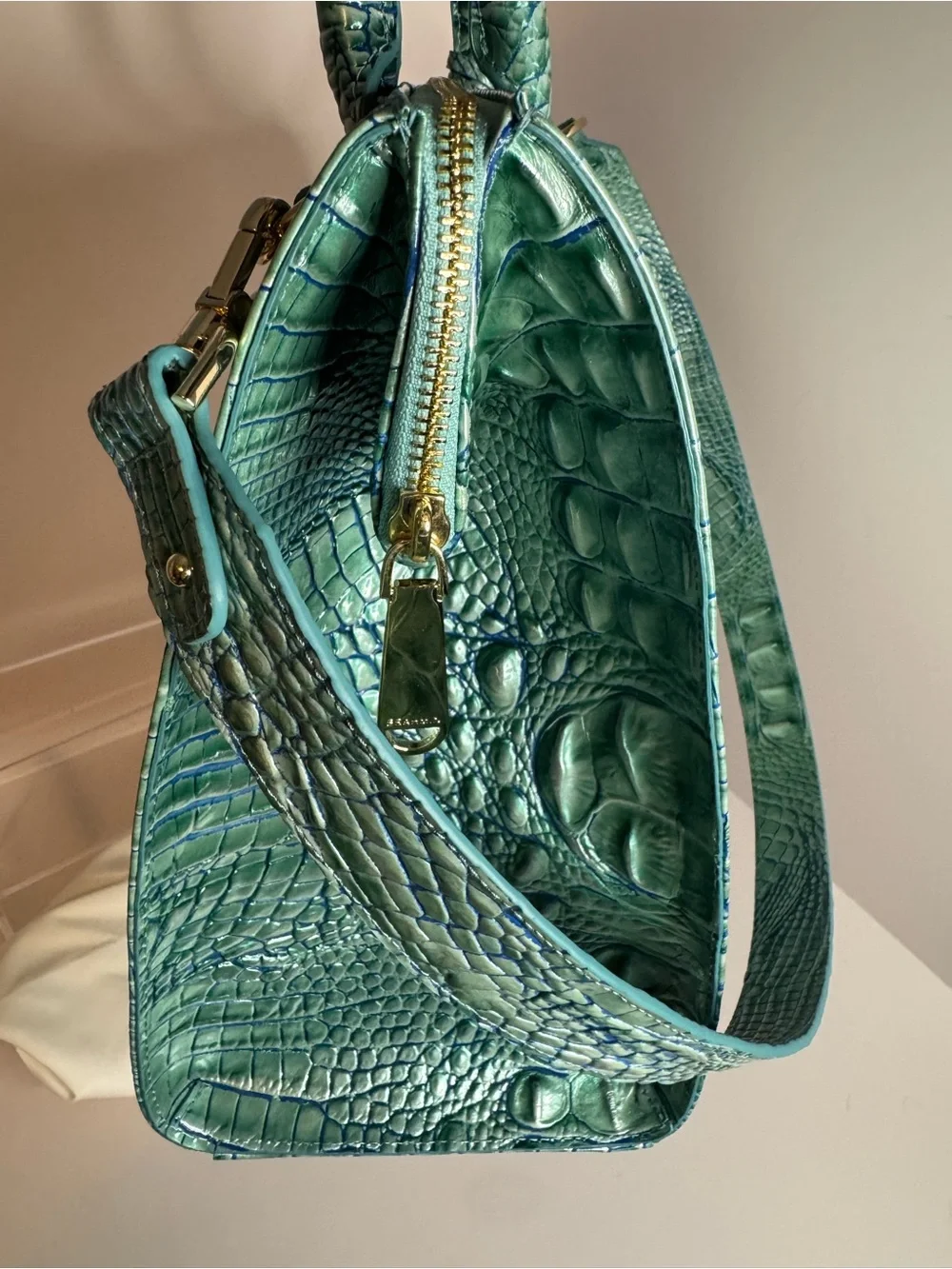 #304 Brahmin Caroline Seafoam Melbourne Embossed Leather Satchel Two-Way Bag
